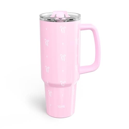 YOME 40 oz Bow Pink Tumbler with Handle and Flip Straw for Women | Stainless Steel Insulated Water Bottle | Keeps Drinks Cold | Dishwasher Safe | Cupholder Friendly | Gift Gym Travel Yoga