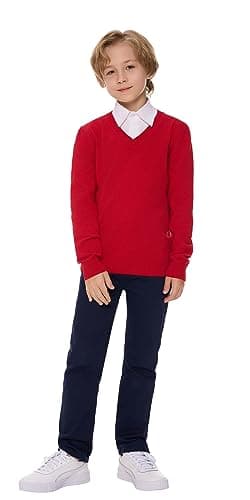SMINLING Pinker Boys Sweater Pullover School Uniform V-Neck Soft Cotton Clothing(Red,5-6 Years)