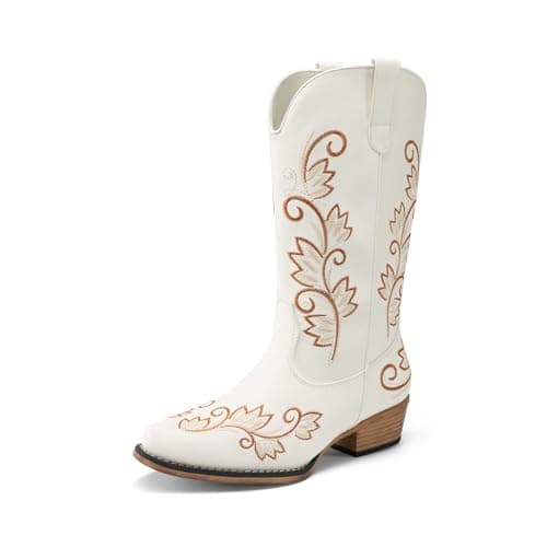 DREAM PAIRS Women's Cowboy Cowgirl Western Mid Calf Boots Square Toe Embroidered Stitched Pull On Country Boots with Low Chunky Heel,Size 6,White,SDMB26002W