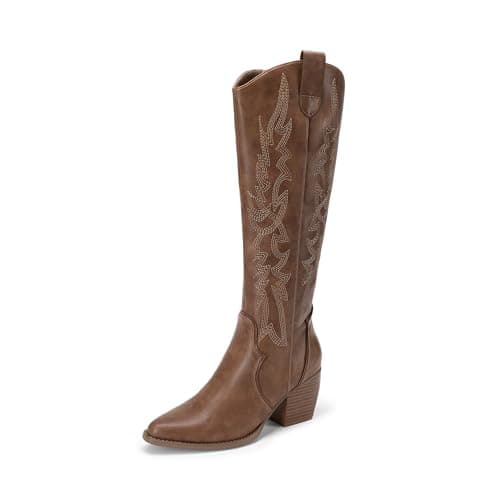 DREAM PAIRS Womens Cowboy Boots Wide Calf Comfortable Pull On Zipper Chunky Heel Pointed Toe Embroidered Western Cowgirl Knee High Boots Ladies Retro Tall Boot,Size 5,Light Brown,SDKB224W