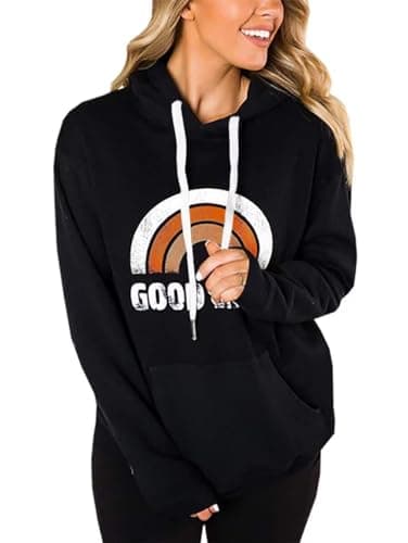 Lacozy Women's Casual Long Sleeve Shirt Good and Vibes Tunic tops pullover hoodie Kint Sweaters for Women tops Black Orange Large
