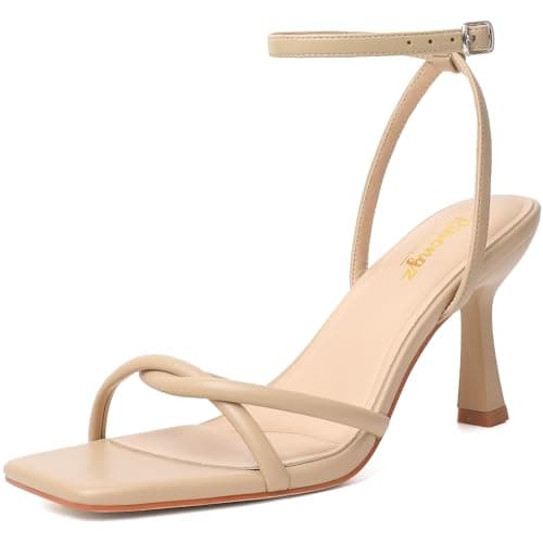 RIBONGZ Nude Heels for Women Strappy Kitten Heels Square Open Toe High Heeled Lace Up Sandals with Ankle Strap Elegant Summer Wedding Party Prom Work Daily Wear Dress Shoes 10.5