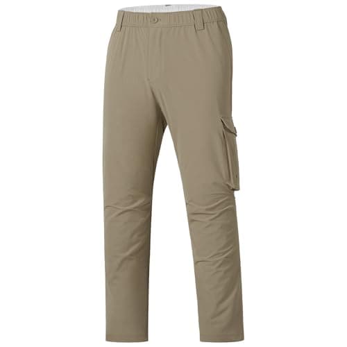 BASSDASH Men's Fishing Cargo Pants Water Resistant Quick Dry Lightweight UPF 50+ for Outdoor Hiking Elastic Waist Pants FP05M Dark Khaki