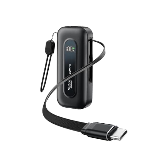 Selore&S-Global Power Bank 10,000mAh with Built-in Retractable Cable & C to L Cable, 30W Fast Charging Portable Charger, LED Display, Travel Battery Pack for iPhone 16/15/14/13 Series Samsung
