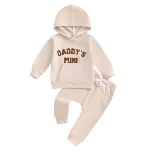 PUHHAPIEY Toddler Baby Boy Clothes Fall Winter Outfits Embroidery Daddy's Mini Hoodie Sweatshirt & Joggers Pant Set (Apricot, 3-6 Months)