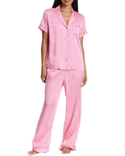 bebe Women's Silky Satin Bridesmaid Pajama Set, Button-Down Short Sleeve Sleepwear in Luxe Patterns (Aurora Pink, 3X)