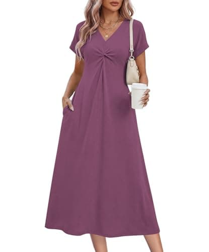 WNEEDU Women Summer Casual Midi Dress Twist Front V Neck,Mauve,M