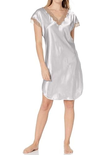 Shadowline Women's Plus-Size Charming Satin Chameuse Sleepshirt Sleepwear, Silver, 2X Plus