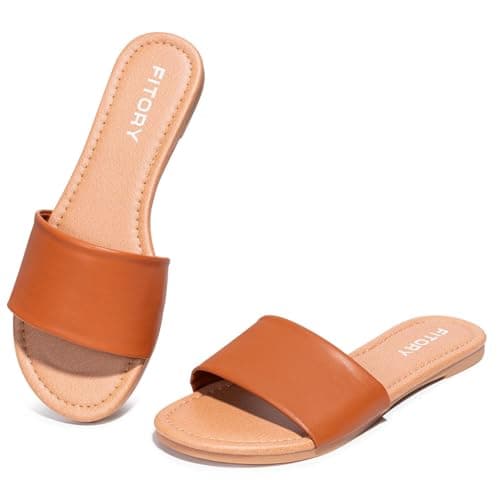 FITORY Women's Slide Sandals Fashion Round Toe With Classic Single Strap Slippers for Summer Size 11 Brown