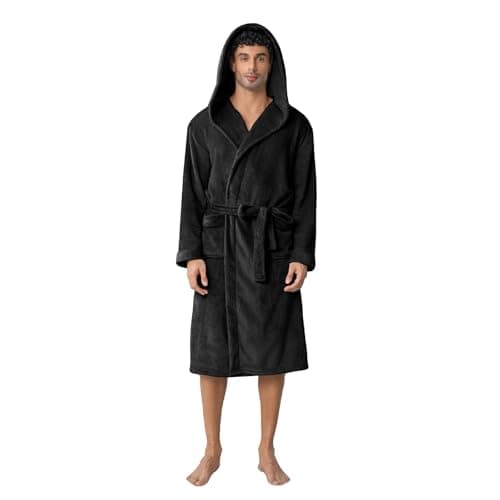 Lagtew Men's Hooded Fleece Bathrobe, Absorbent Anti-Static Plush Robe for Men with Pockets, Warm Soft for Home,BLACK,S/M