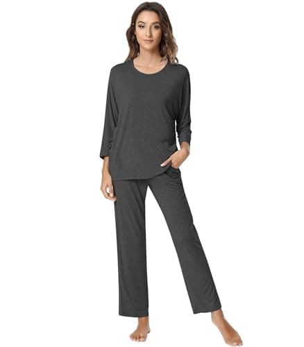 NACHILA Women's Pajamas -Viscose Made from Bamboo, Long Sleeve Pajama Set Soft Pants Sleepwear Crew Neck Pj with Pockets Charcoal Heather L
