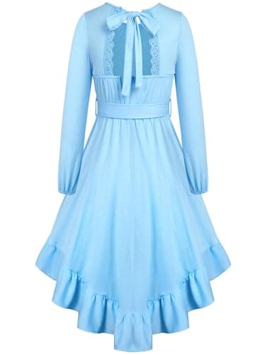 Girls Dresses Size 8 Kid Spring Long Sleeve Lace Tie Back Ruffle Swing Maxi Dress with Pockets Easter Wedding Formal Party Blue Size 7-8
