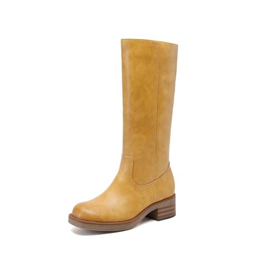 DREAM PAIRS Womens Knee High Boots Square Toe Platform Chunky Block Heel Banana Campus Boots for Women Comfortable Low Heel Side Zipper Womens Riding Tall Boots,Size 6.5,Yellow,DWUMKB2539