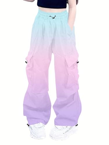 Nanasait Girls Cargo Pants Elastic Waist Drawstring with Pockets Pants, 6-14 Years 150CM