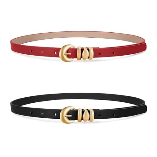 XZQTIVE 2 Pack 0.71'' Womens Skinny Leather Belts for Ladies Thin Waist Belt for Jeans Dress Pants with Fashion Gold Buckle, Black/Red, Fits Pant Sizes 38-42 inch