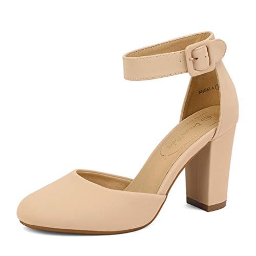 DREAM PAIRS Women's High Heel Ankle Strap Closed Toe Chunky Wedding Party Pumps Shoes,Size 5,Nude/Nubuck,Angela