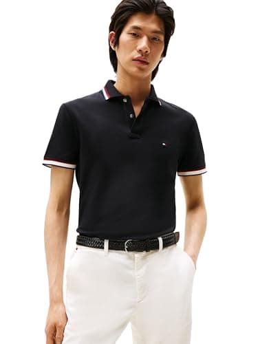 Tommy Hilfiger Men's Cuff Interest Slim Short Sleeve Polo, Black Medium