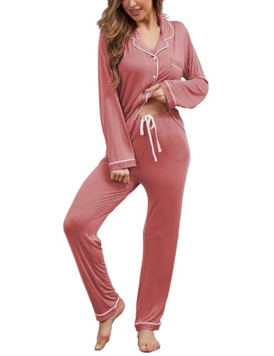 FENNAT Pajama Sets Women Soft Long Sleeve Button Down Sleepwear Classic Ladies Pjs Lightweight Lounge Sets Brick Red with Pockets, S