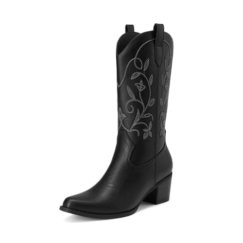 DREAM PAIRS Cowboy Boots for Women Cowgirl Western Boots Fashion Embroidery Stitched Chunky Heel Mid Calf Boots,Size 6,Black,SDMB25003W-1