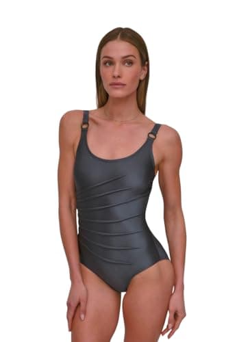 DKNY Women's Over The Shoulder One Piece Swimwuit with Tummy Control, Titanium Shimmer, Small
