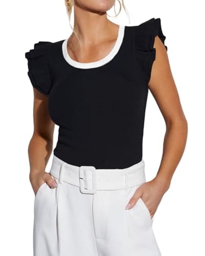 Womens Sexy Round Neck Ruffle Sleeve Shirts Summer Ribbed Slim Fitted Tops Casual Knit Tshirt 2026 Trendy Clothing Black,XL