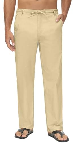 Boisouey Mens Casual Linen Pants Loose Fit Elastic Waist Drawstring Beach Summer Yoga Trousers A-Khaki XL