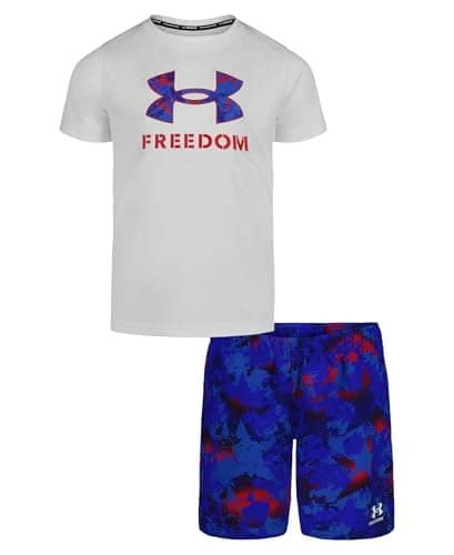 Under Armour Boys' 2-Piece Rashguard Swim Set, Short Sleeve Surf Shirt and Volley Trunks, UPF 50+ Sun Protection, White UA, 4