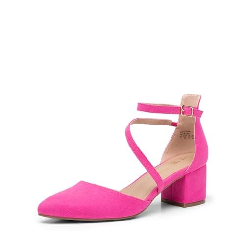 DREAM PAIRS Women's Closed Pointed Toe Low Chunky Heels Pumps Ankle Strap Wedding Business Dressy Shoes,Size 6.5,Hot Pink-Suede,SDPU2354W