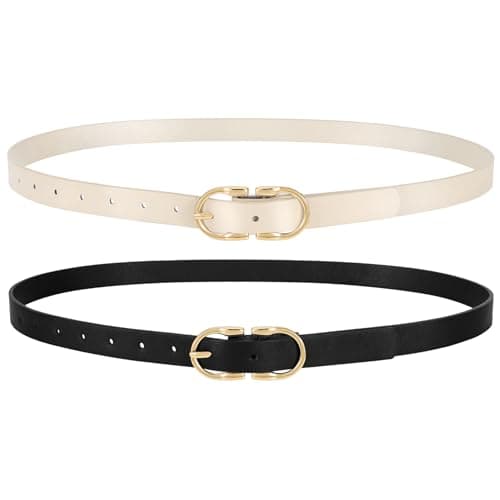 WERFORU 2Pack Thin Belts for Women Skinny Leather Belts for Jeans Pants Women Thin Leather Belt Black Belt with Gold Buckle/Silver Buckle,C-Black+beige-Gold,Fit Waist Size 26-30 Inches