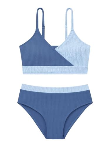 Girl's 2 Piece Ribbed Swimsuit V Neck Bikini Sets Bathing Suit Swimwear