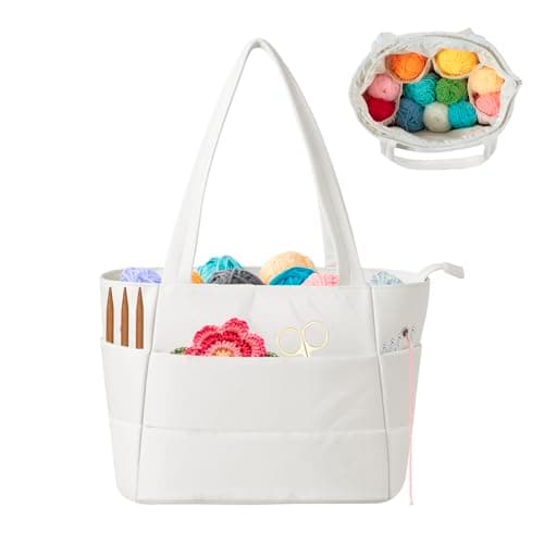 Crochet Bag for Yarn Storage, Puffer Knitting Bag with Soft Handles, Lightweight Yarn Storage Organizer with Zipper for Crochet Accessories, Gifts for Crocheters (Beige)