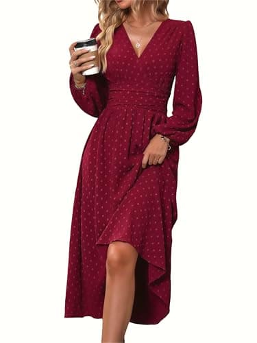 Mettclasi Women's Spring Fall Swiss Dot V-Neck Maxi Dress Casual Puff Long Lantern Sleeve A-Line Flowy Wedding Guest Dress - Red, XX-Large