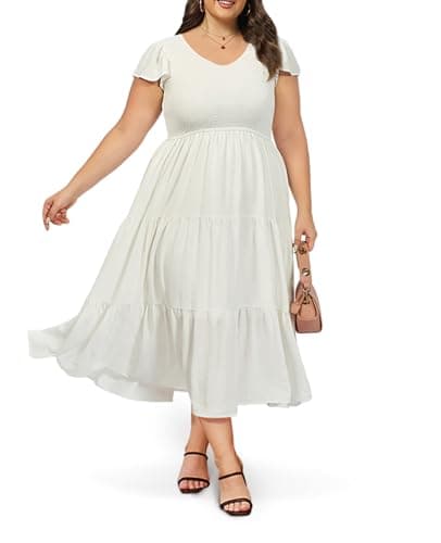 2026 Women's Plus Size Casual Dress V Neck Short Sleeve Summer Maxi Smocked Dresses White