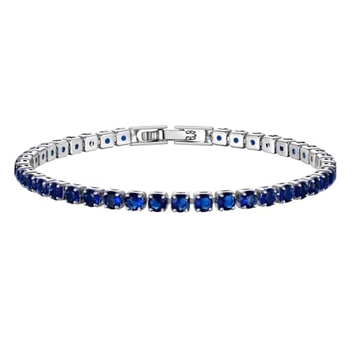 Just Being Cute Tennis Bracelets for Women|White Gold Plated Classic Tennis Bracelet with 3mm Blue Round Cubic Zirconia|Birthday Anniversary Wedding Valentine's Day Gift, Size 6.5-7.5 Inch