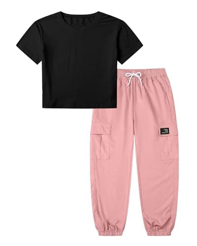 Betusline Girls 2 Piece Summer Outfits,Black Cute Short Sleeve Crop Tops + Pink Cargo Jogger Pants Clothes,13-14 Years = Tag 170