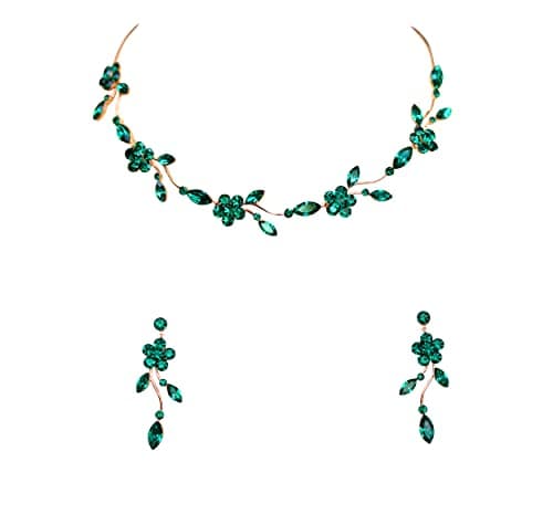 Faship Gorgeous Green Rhinestone Crystal Floral Necklace Earrings Set - Green/Rose Gold Plated