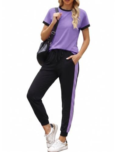 Marvmys Women 2 Piece Sweat Set with Pockets Color Block Tracksuit Set Summer Lounge Set Shoer Sleeve Jogger Set Purple S