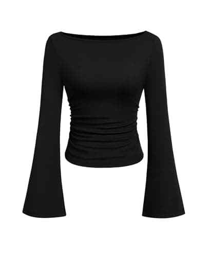 PRETTYGARDEN Womens Bell Long Sleeve Ribbed Knit Tops,Black,M