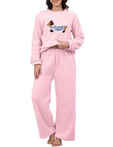 Yimoon Women's Fluffy Pajamas Set Fleece Pullover Pants Crewneck Plush 2 Piece Pjs Sets Dachshund Fuzzy Loungewear Sleepwear(Pink-M)