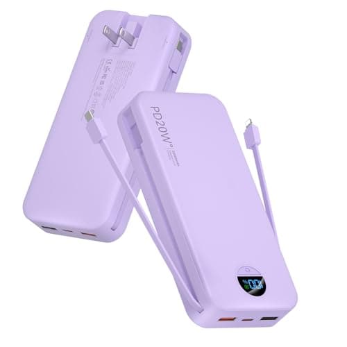 citicr Portable Charger Power Bank, 20000mAh PD20W USB C Fast Charging with Built-in Cables & Wall Plug, External Battery Pack with LED Display, Travel Essentials for iPhone, iPad, Samsung Purple