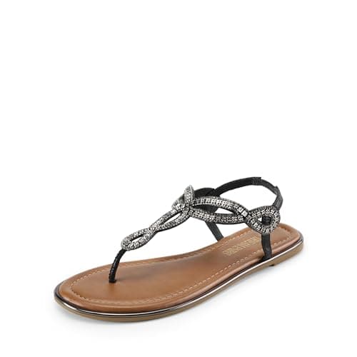DREAM PAIRS Women's Flat Sandals Dressy Summer Stappy Comfortable Ankle Elastic T-Strap Beach Thong Sandals,Size 6,Black-Rhinestone,SDFS2406W
