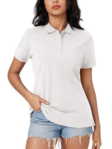MAGCOMSEN Womens Cotton Polos 3-Button Shirts Short Sleeve Cooling Shirt Casual Collared Tops White Polo Shirt White, S