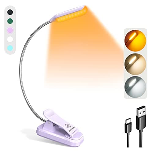 Glocusent Book Light for Reading in Bed, 10LED Bright Reading Light, 3 Colors & 3 Brightness, Rechargeable Book Light, Lightweight Clip on Book Light