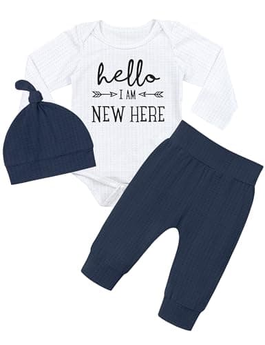 Fommy Baby Boy Clothes 9-12 Month Boy Clothes Letter Printed Baby Outfits Boy Long Sleeve Baby Clothes Boy 3pcs Baby Boy Outfits Knit Romper + Pants + Hats Baby Boys Clothes
