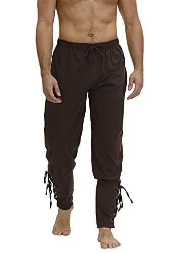 Kranchungel Renaissance Pants Pirate Costume: Mens Medieval Ankle Banded Viking Trousers Halloween Costumes Cosplay Events Brown X-Large