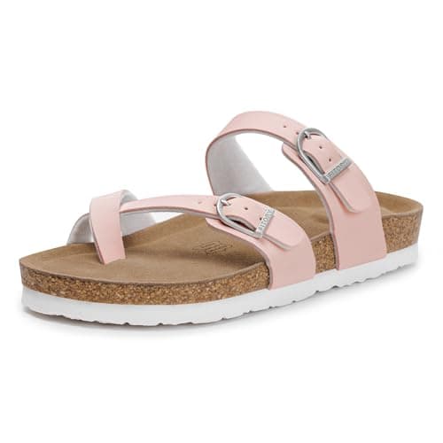 FITORY Women's Slide Sandals with Soft Cork Footbed, Comfort Arch Support Flat Sandals for Summer Pink Size 8