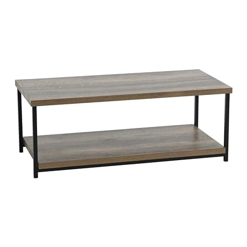 Household Essentials Rectangular Coffee Table with Storage Shelf in Rustic Wood Grain and Black Metal Frame, Ashwood