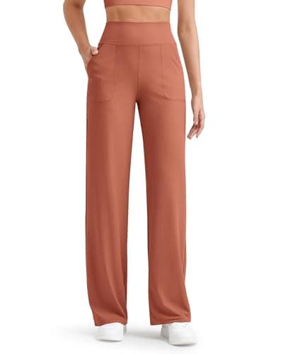 G4Free Lounge Wide Leg Casual Pants Women High Waisted Yoga Pants with Pockets Lightweight Workout Trousers(Burnt Orange,XL,30")