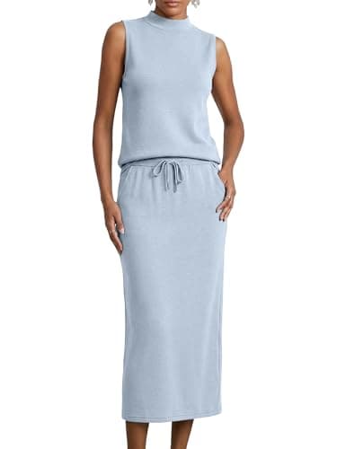 Casly Lamiit Womens 2 Piece Lounge Set Casual Airport Outfits Spring Sleeveless Maxi Skirt Travel Set with Pockets Going Out Lounge Wear Light Blue S