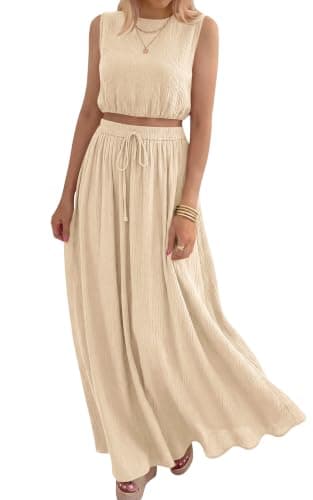 PRETTYGARDEN Two Piece Skirts Sets for Women Going Out Top A Line Flowy Skirt Double Lined Pleated 2 Piece Set Travel Outfits (Beige, Small)